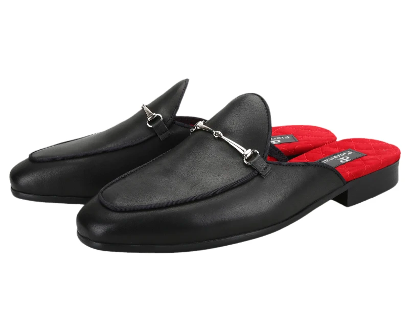 Black Genuine Leather Classic Men Mules with Sliver Horsebits Fashion Red Accent