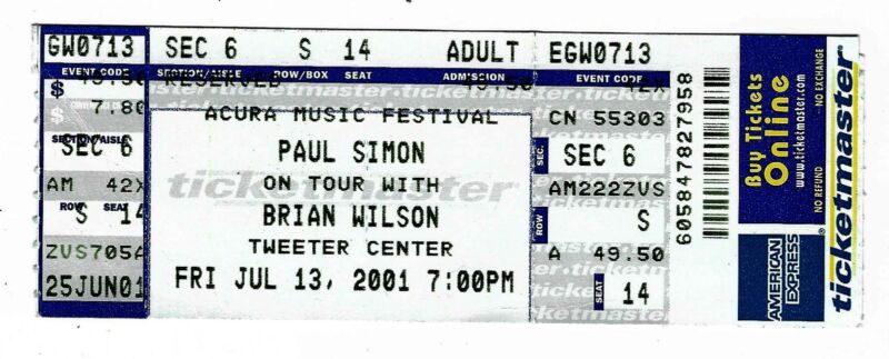 Paul Simon & Brian Wilson 7/13/01 Boston Ticket! And Garfunkel The Beach Boys