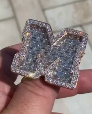 NSG MENS CUSTOM M ANY INITIAL LETTER RING 3CT BAGUETTE CUBIC ZIRCONIA 925 SILVER