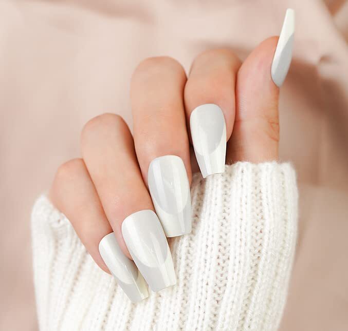 White French Press on Nails Medium Coffin French Fake Nails Reusable Glue on Nai
