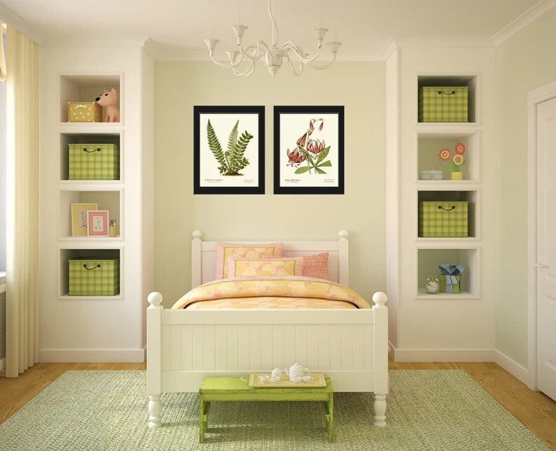 Green Fern Wild Lily Botanical Prints Wall Art Set of 2 Beautiful Unframed