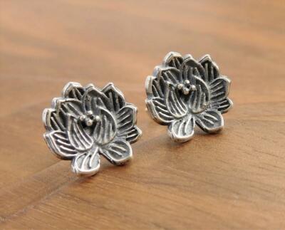 Handmade Zen 925 Sterling Silver Lotus Flower Stud Earrings Unique Lightweight