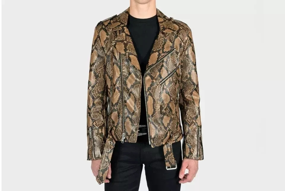 Pre-owned Handmade Men's  Snake Python Pattern Leather Jacket Biker Motorcycle Jacket In Brown