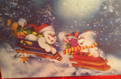 Vintage Christmas Card 2 Snowman Kids sledding Unused+ env