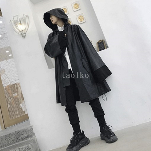 Men Hooded Punk Cloak Cape Mid Long Faux Leather Coat Men Hooded Punk Cloak Cape Mid Long Faux Leather Coat