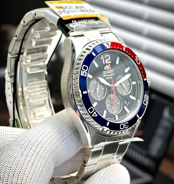 Pre-owned Orient Ra-tx0201l10b Mako Solar Chronograph Blue Face Analog Men's Diver's Watch
