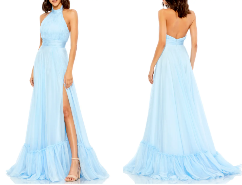 

MAC DUGGAL 67816 Небесно-голубое атласное платье без рукавов с бретелькой на шее и плиссировкой  США, Синий