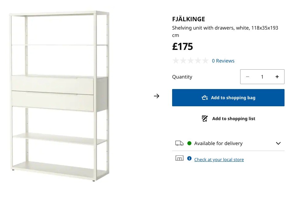 FJALKINGE White metal Ikea shelves with drawers in Old Street, London