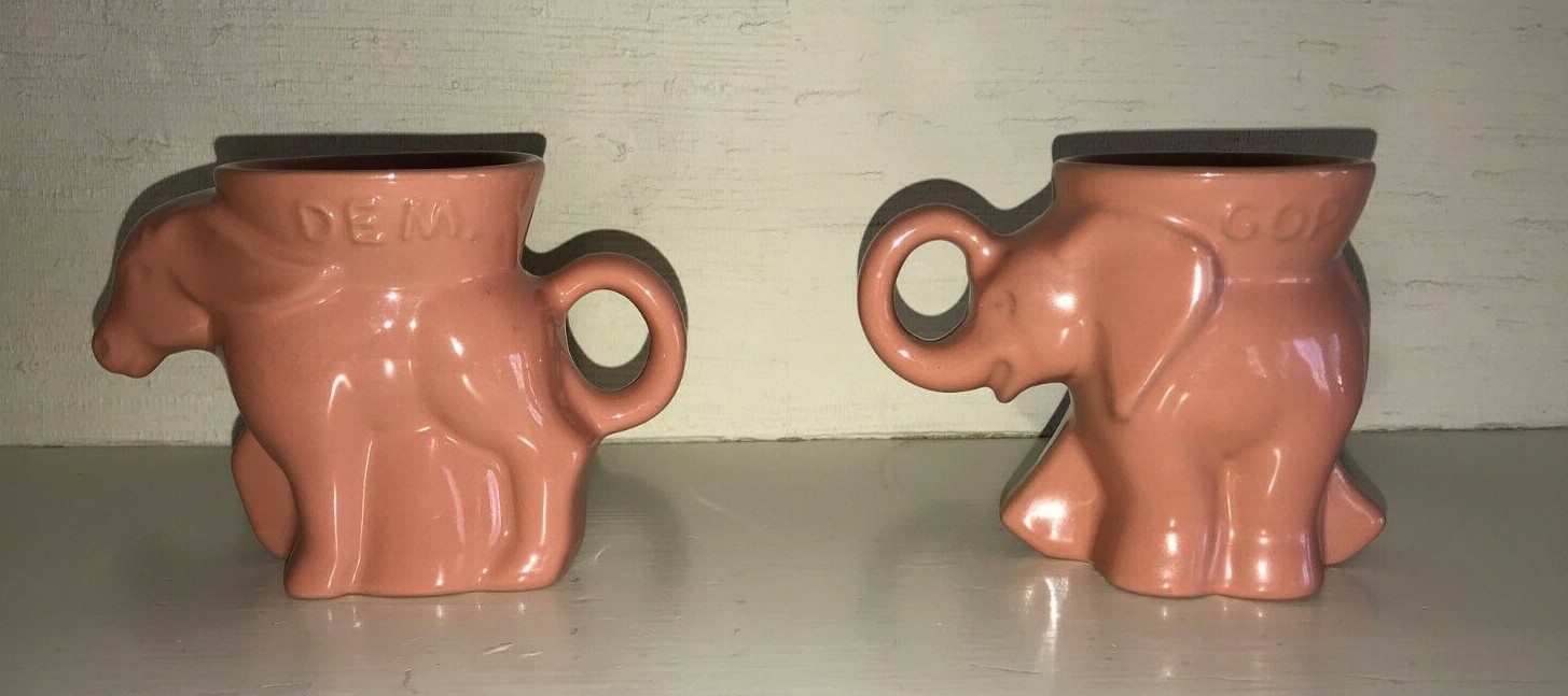 2000 FRANKOMA Elephant Mug Set GOP & DEM Party Pink/Dusty Rose - Mint!