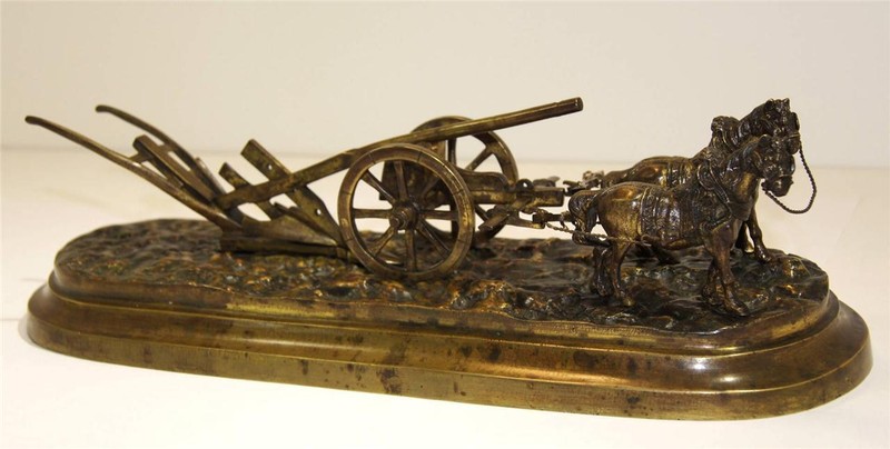Antique Austrian Patinated Bronze Sculpture of Horses & Plow late