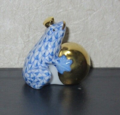 HEREND Blue Fishnet Frog Prince w Ball Porcelain Hand Painted Figurine Gold Trim