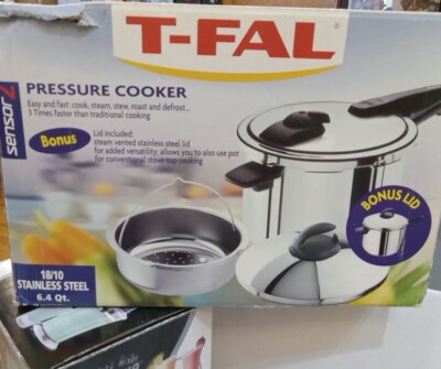 T-FAL PRESSURE COOKER SENSOR2 18/10 STAINLESS STEEL  6.4QT BONUS LID BRAND NEW 