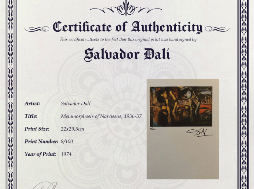 Salvador Dali, Original Hand-signed Lithograph with COA & Appraisal of $3,500