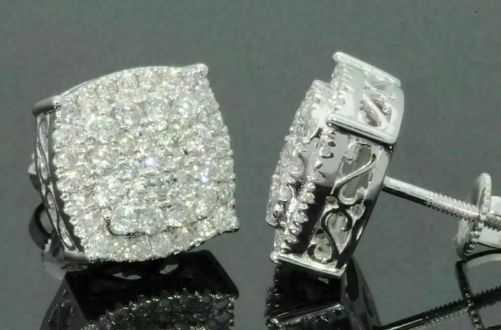 2Ct Round-Cut Lab Created Cluster Screw Back Stud Earrings 14K White Gold Plated