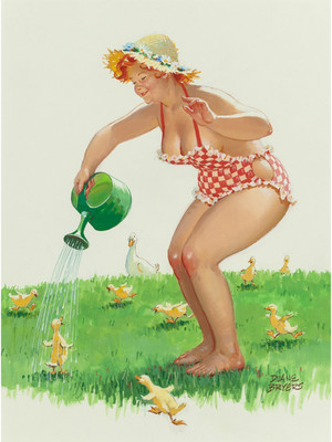 PIN-UP  オリジナルイラスト Vintage Pin Up Art Hilda Watering Ducklings 11 x 14