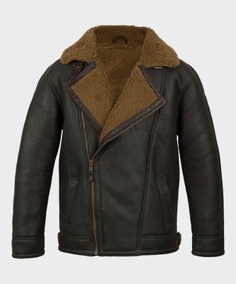 Men Black Anderson Shearling Flight Aviator Jacket Real Sheepskin Leather Jacket