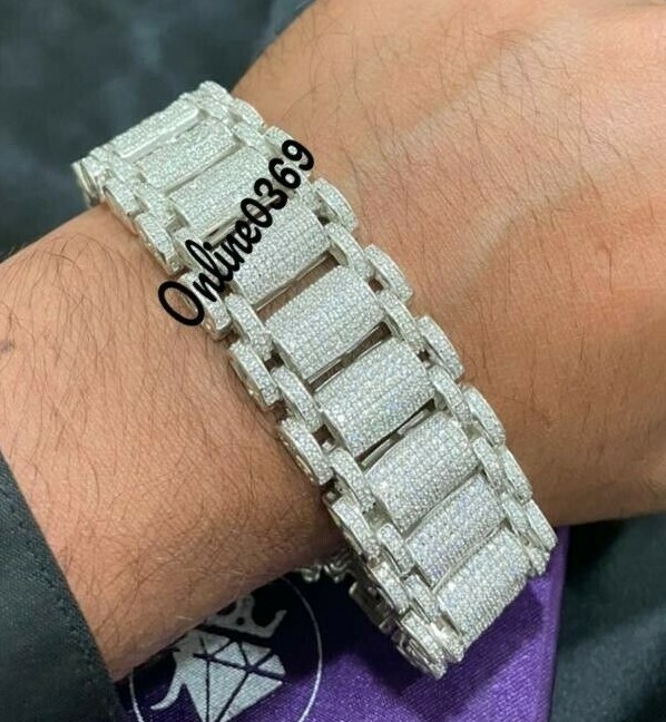 Pre-owned Online0369 8.11ct Rd Cubic Zirconia Mens Wide Link Tennis 8" Bracelet Silver Free Stud In White