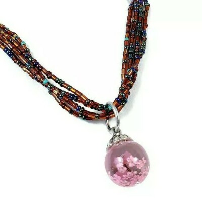 Premier Designs Cherry Bloosom Pandent Seed Beaded Multi Strands Necklace 