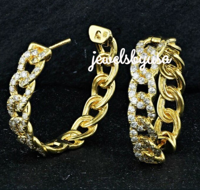 NSG 2 CT 100% GENUINE MOISSANITE CUBAN LINK HOOP EARRING YELLOW GOLD PLATED SILVER