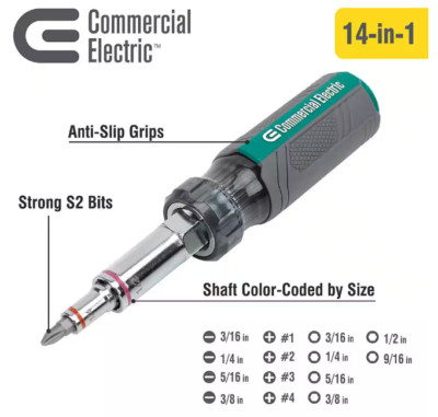 Commercial Electric 14-IN-1 Multi-Bit Screwdriver and Nut Driver  CE180604 - NEW