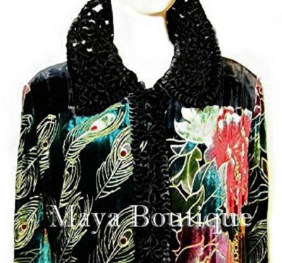 Pre-owned Maya Matazaro Opera Coat Duster Wearable Art Silk Velvet Peacock Black Long Lined 1x Maya