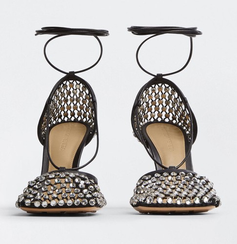 Pre-owned Bottega Veneta Sparkle Stretch Tie Around Pump Sandals $1950 In Black