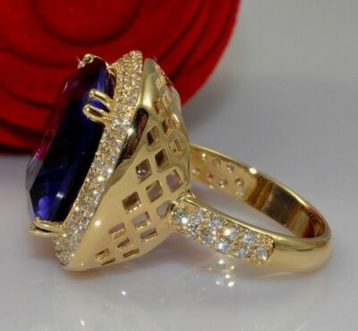 Pre-owned Nsg 18 Ct Simulated Blue Tanzanite Women's Ring 14k Yellow Gold Plated Silver