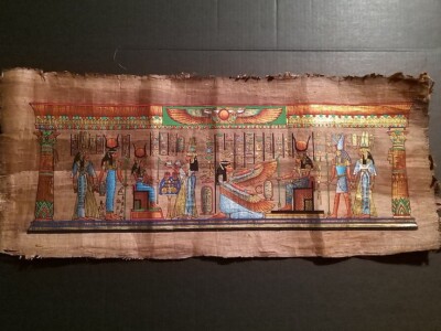 Hand painted on parchment or papyrus Egyptian Pharaohs Scene 32x13