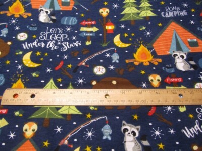 2 Yards Navy Blue Woodland Animal/ Camping/Bear/Racoon/Owl Flannel Fabric