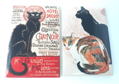 Black Cat French Art Magnet Lot Of 2 2x2 Inches Steinlen 1800s Chat Noir Salis