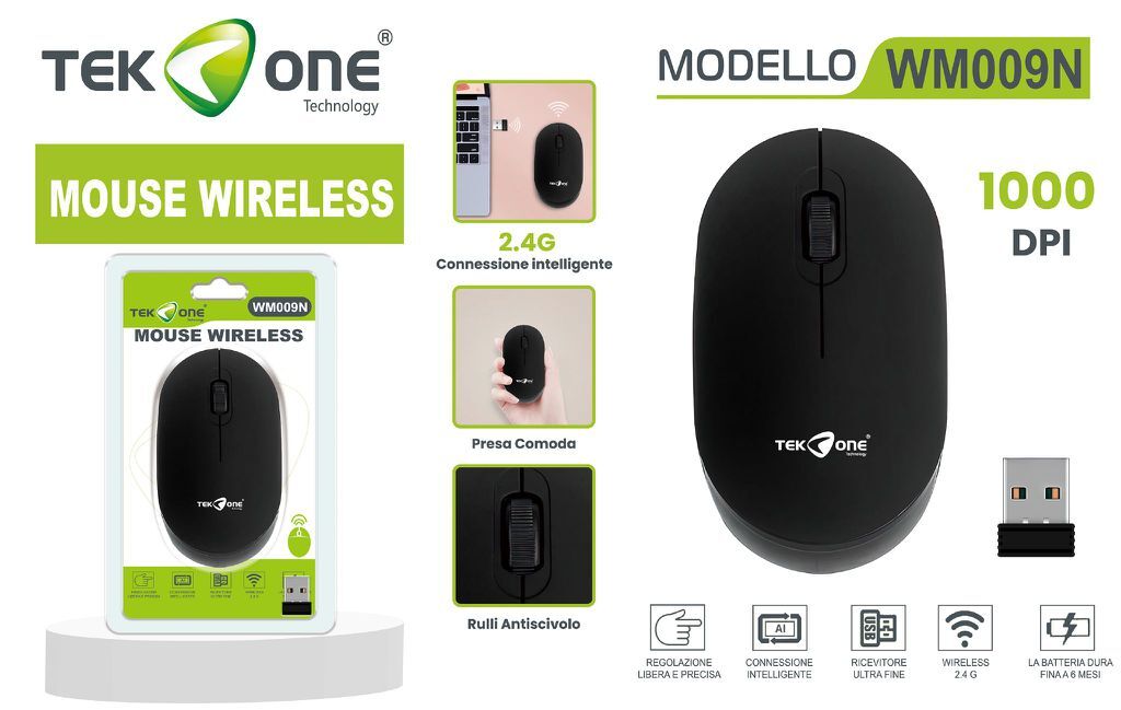 Mouse Ottico TeKone Wm009 Wireless 1000dpi Ergonomico Nero Pc Notebook hsb