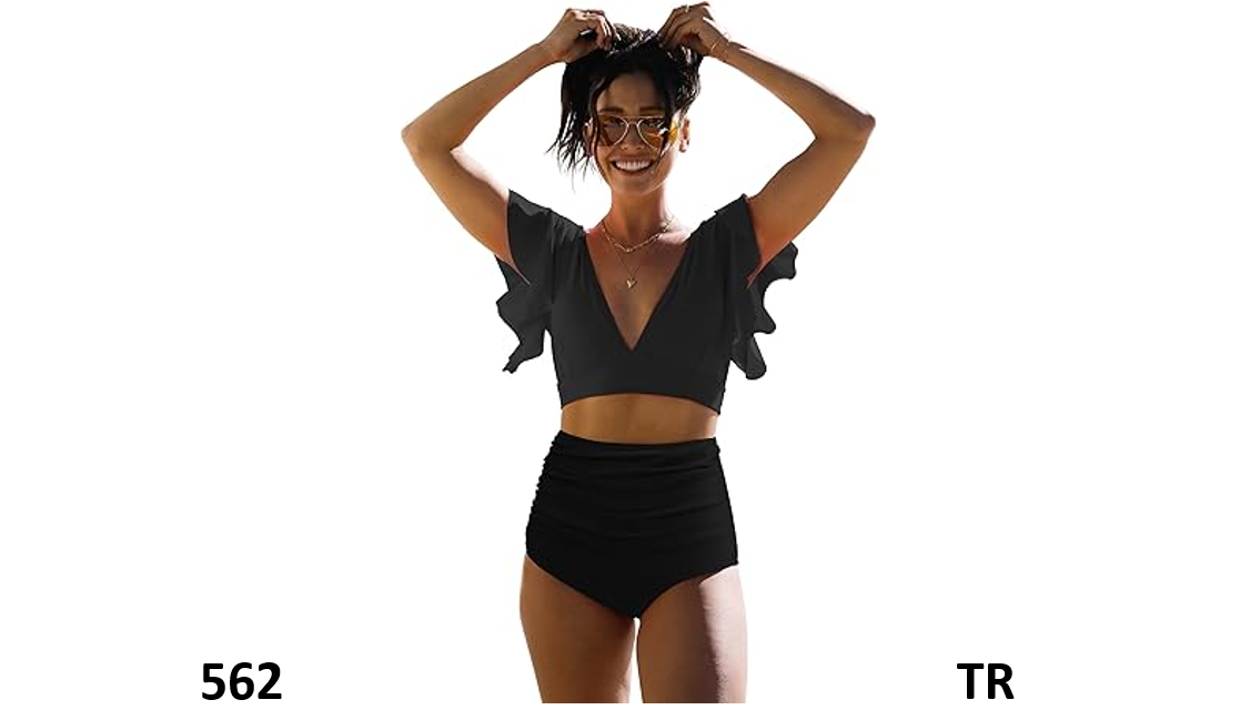 SPORLIKE Women Ruffle High Waist Swimsuit Two Pieces Push Up Black Bikini, Small