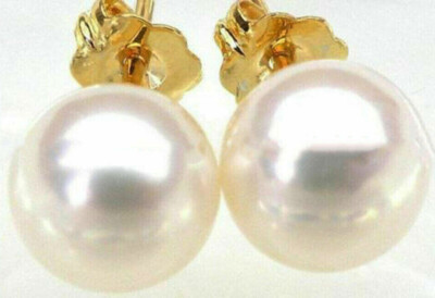Perfect AAA++ Real Natural White Akoya Pearl Round Beads Stud Earrings 14K Gold