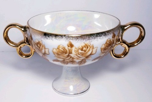Vintage Dbl Handle Pedestal Lusterware Gold Cup With Roses