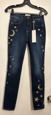 Driftwood Jackie Gold Moon Star High Rise Skinny Dark Denim Jean Celestial NEW24