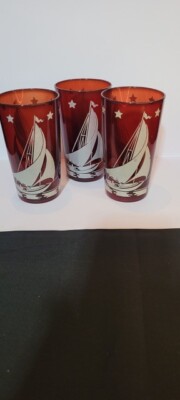 Ruby red 3 nautical sailboats on red barware glasses Anchor Hocking