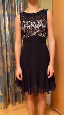 Cocktailkleid von Jake S blau mit Spitze, Größe 34, halblang