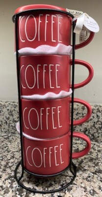 RAE DUNN STACKABLE COFFEE MUGS WITH STAND SET OF 4 RED WITH WHITE LETTERING NWT.