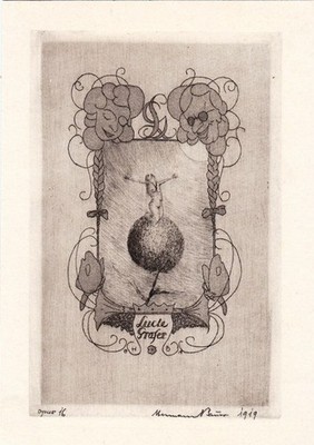 Exlibris Bookplate Klischee Hermann Bauer 1892-1976 Frauenakt Pusteblume