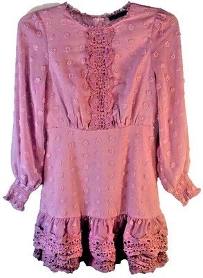 New Simplee Mauve Dress Women Small Puff Sleeve Def Waist Fitted Cottage Core