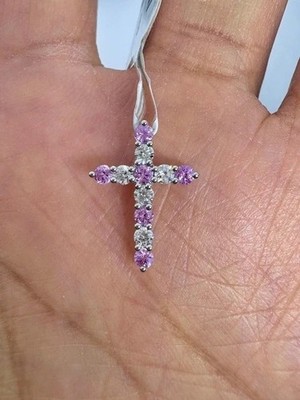 Pink Sapphire 2.00Ct Round Cut Lab Created Cross Pendant 14K White Gold Plated