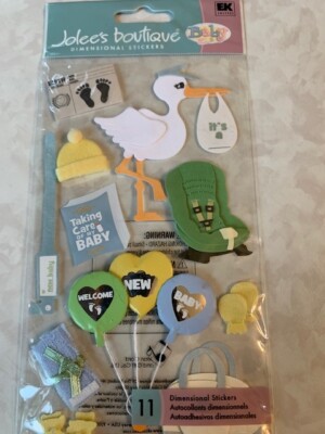 JOLEE S BOUTIQUE 3D STICKERS NEWBORN STORK BABY SEAT YELLOW GREEN BLUE 12PCS