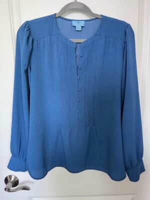 $79 CeCe Women's Blue Dot Button-Front Blouse Top Size M