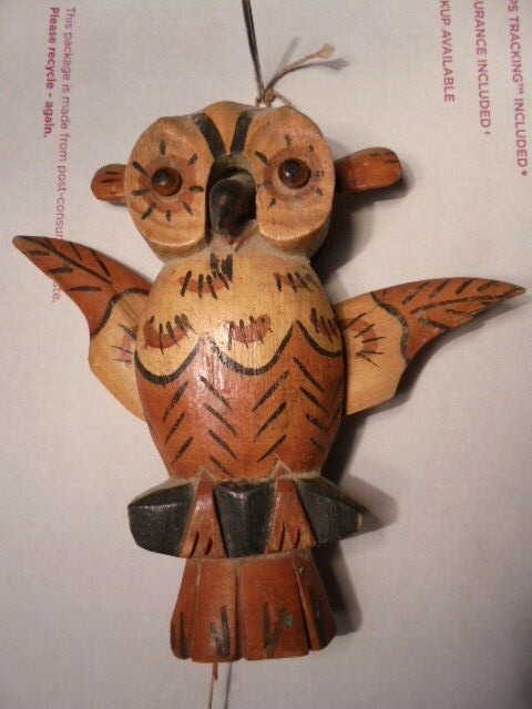 Vintage Folk Art Hand Carved Wood Owl Wall Hanging Mechanical Ears Wings & Beak