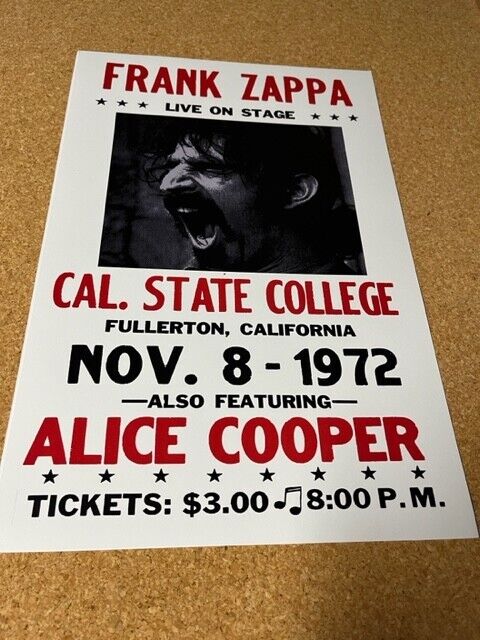 Frank Zappa Alice Cooper California 1972 Cardstock Concert Poster 12"x18"