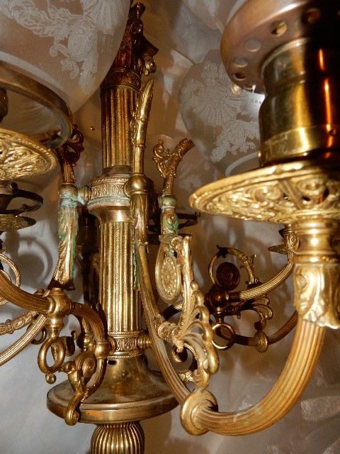 Large Brass Gas Electric Combination Chandelier Fixture Acid Etched Shades