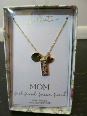 Juilliet MOM First Friend Cubic Zirconia Necklace w Red Heart & Silver Plate