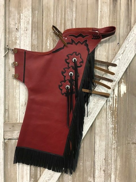 Western Cherry Top Grain Leather Bull Riding Rodeo Chaps