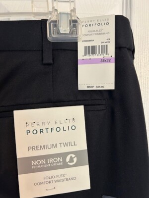 Men's Perry Ellis Portfolio Dk Navy Folio-Flex Band Premium Twill 38x32 NWT