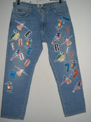 MSGM Milan Blue Denim Jeans Freedom Patches Women Size 36 x 29